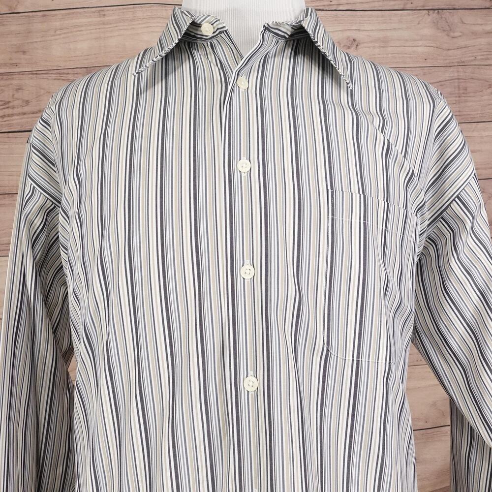 Pronto Uomo Shirt Mens 2XL‎ Blue Stripe Non Iron 100% Cotton Dress Long Sleeve